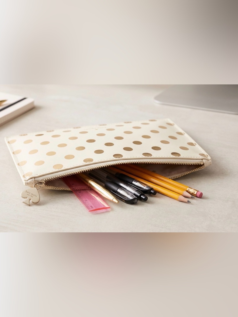 kate spade Cream and Gold Polka Dot Pencil Case